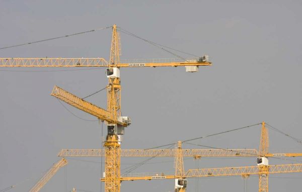 UAE, Dubai, Marina Yellow construction cranes